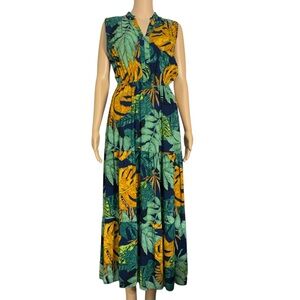 Casse’s Tropical Leaf Print Maxi Dress green sleeveless size S